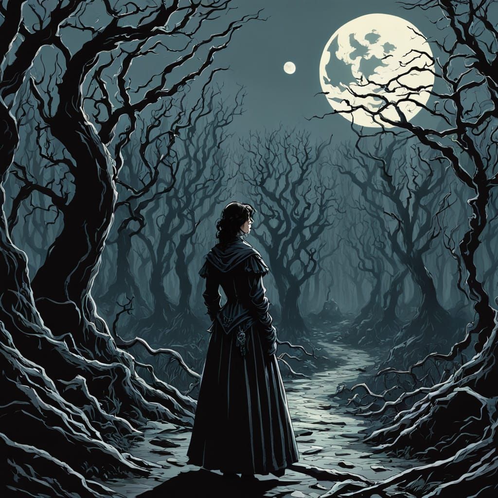 Ethereal Victorian Librarian in Dark, Primeval Forest