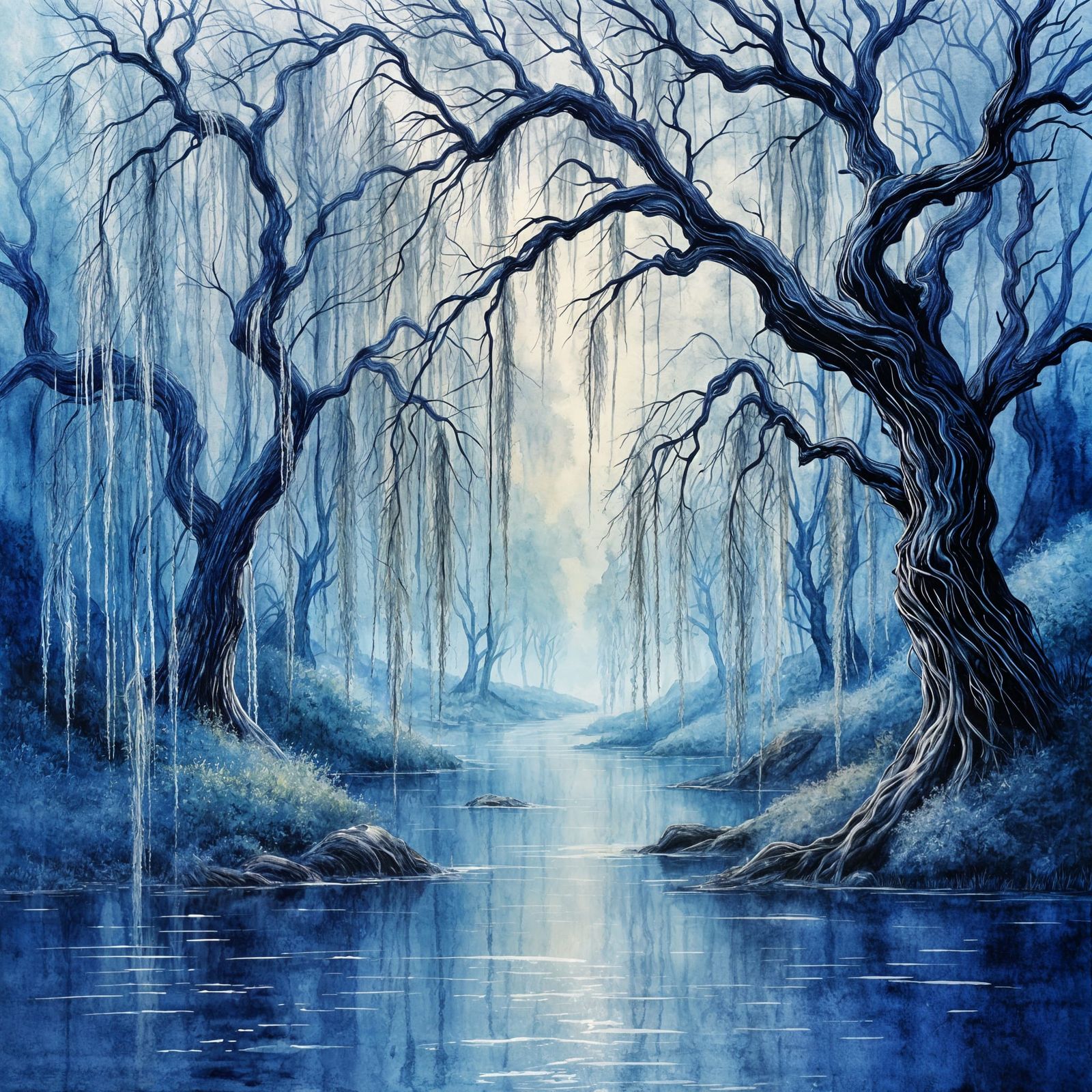 Riverbanks Weeping with Old Willow Trees in Watercolor and I...