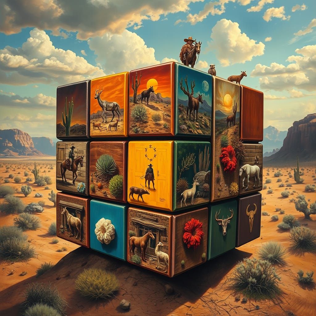 Surreal Rubik's Cube with Western Frontier Landscapes in a V...