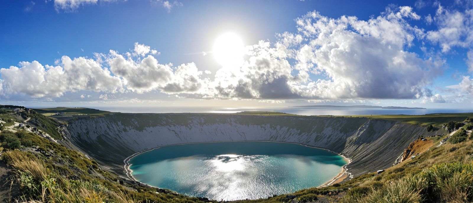 Panoramic View of Azores Caldera With Blue Water
