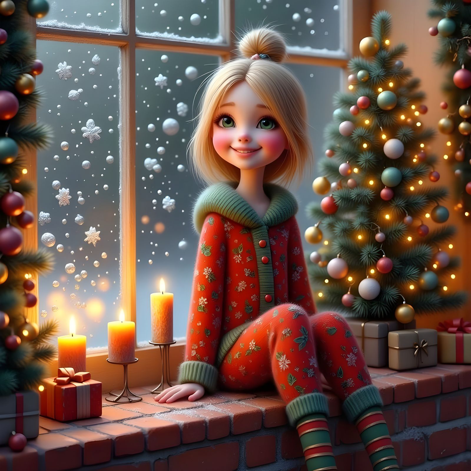 Joyful Girl in Christmas Pajamas on Windowsill