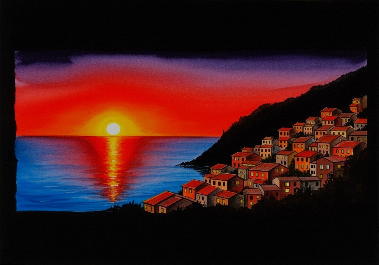 Vivid Mediterranean Sunset Over Coastal Town