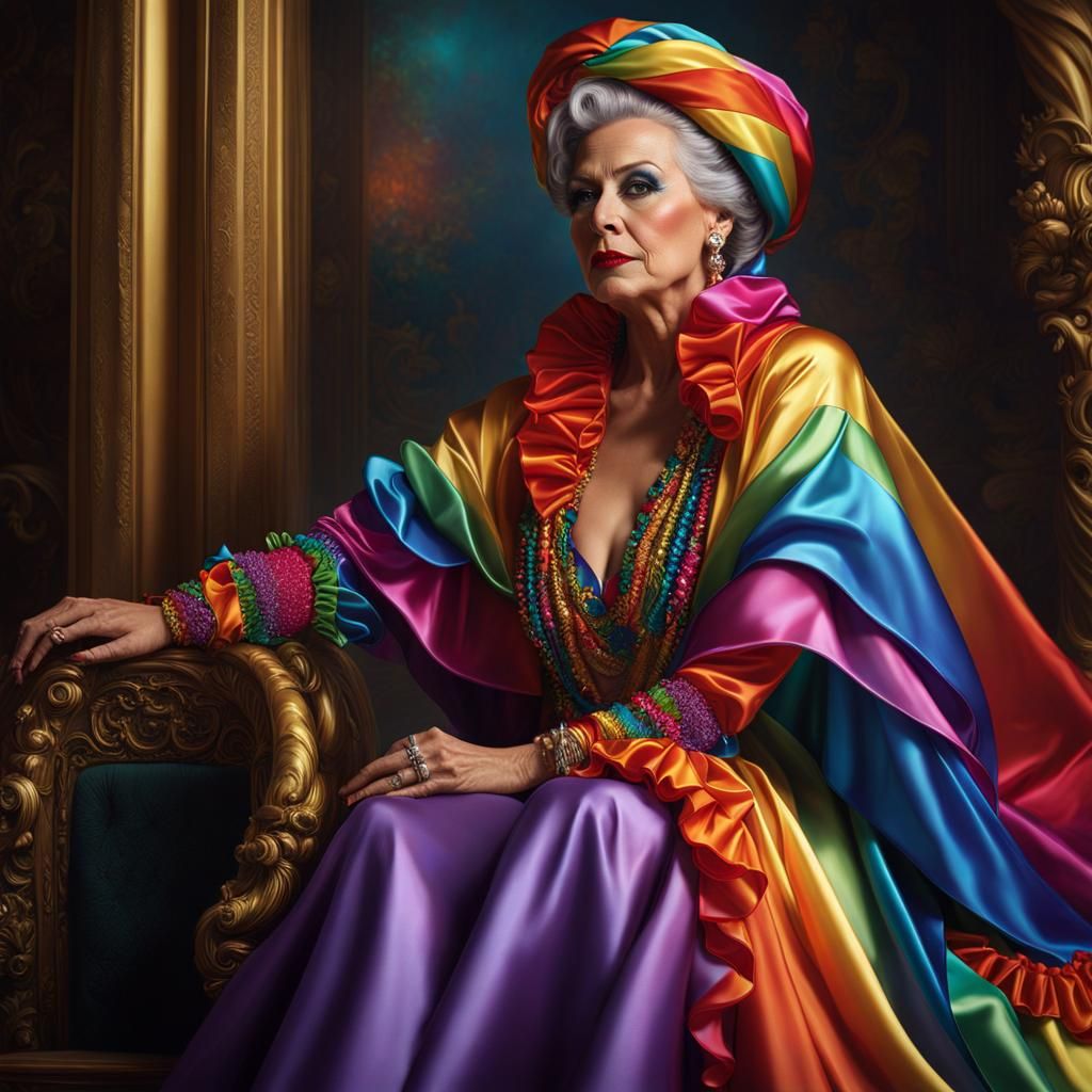 Rainbow Satin Lady: Grimdark Photorealistic Portrait