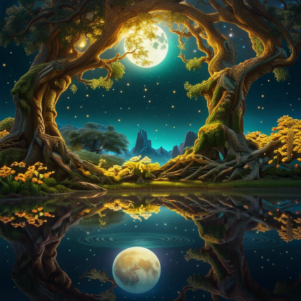 Enchanted Moonlit Meadow with Ancient Tree
