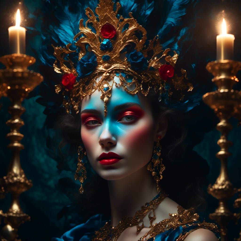 Woman with Red, Blue, and Gold Makeup as Digital Art