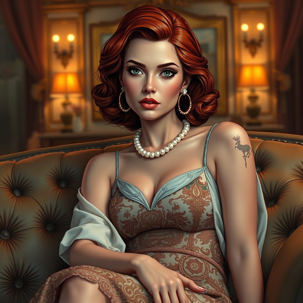 Elegant Redhead Woman in Plush Living Room, a Blend of Class...