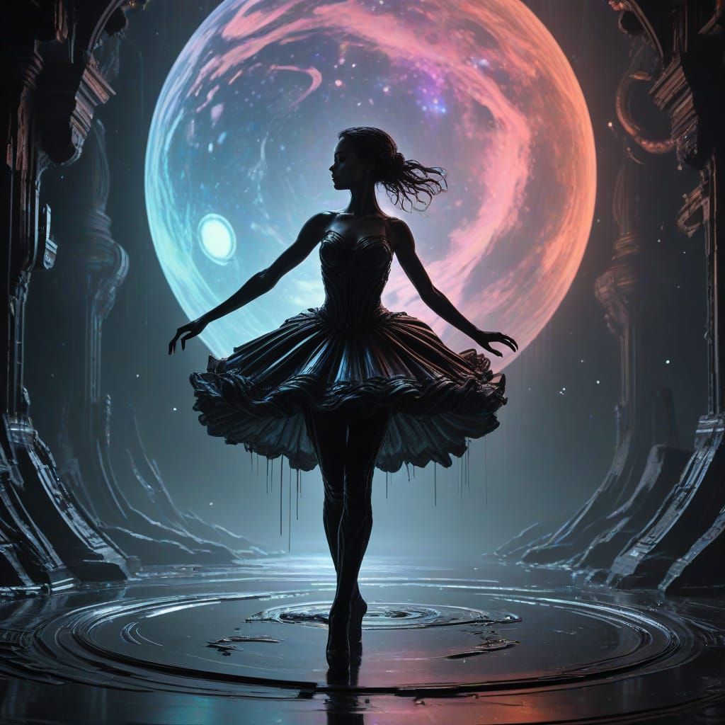 Whimsical Xenomorph Ballerina in Baroque Sci-Fi Setting