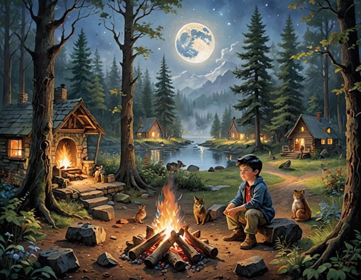 Boy and Forest Animals Around Campfire