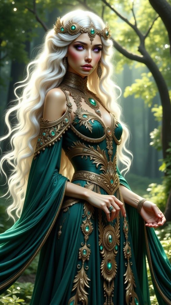 Enchanted Elven Sorceress Casting Spell in Forest