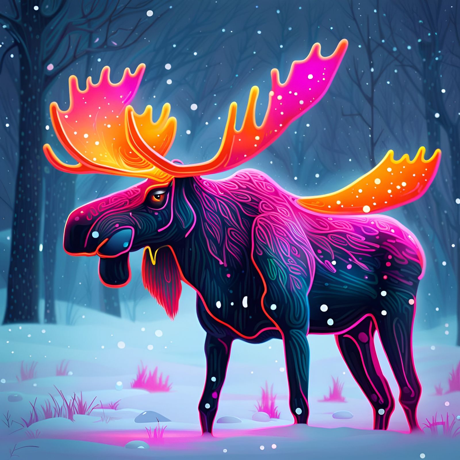 Neon Moose in Snowstorm: A Digital Art Creation