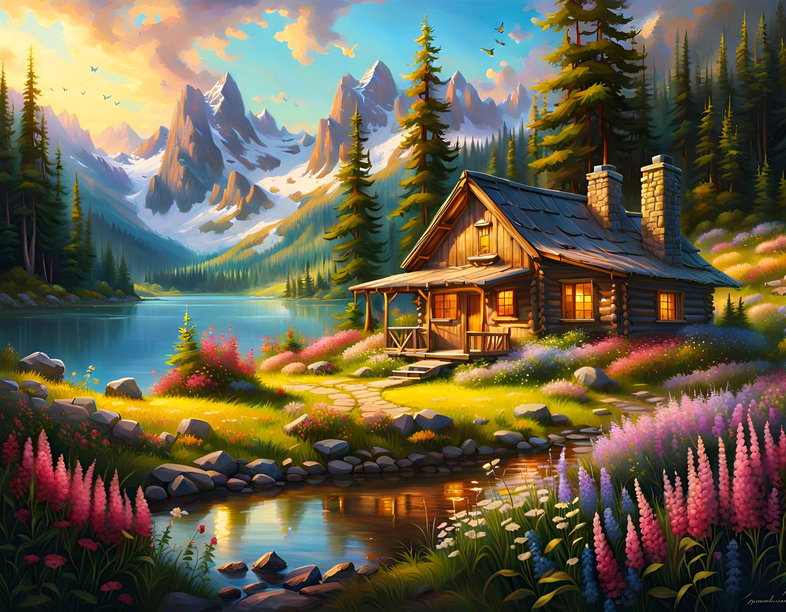 Cabin on Lake with Flower Meadow in Morning Light