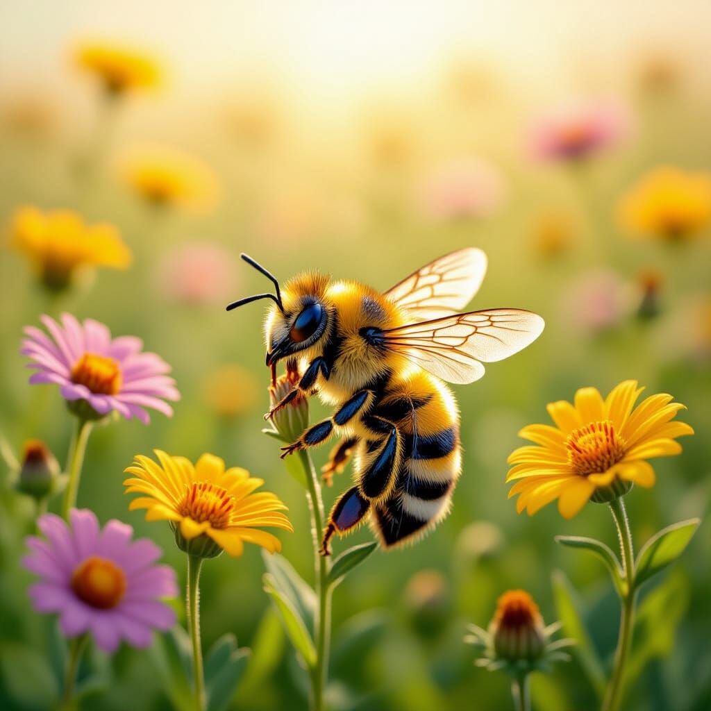 Bee Rubbing Eyes in Meadow, Detailed Engraving Style