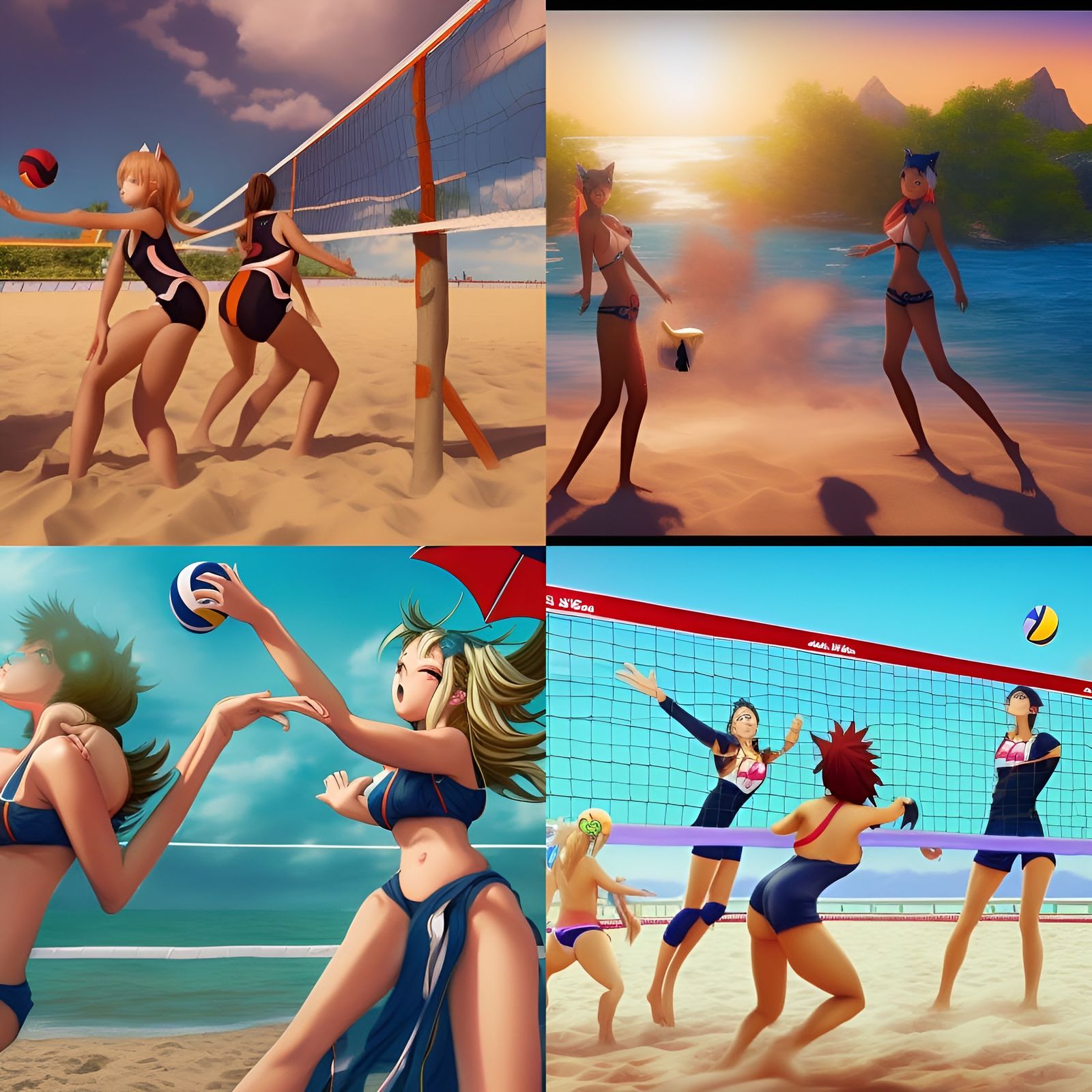Anime Catgirls Beach Volleyball in Detailed Digital Art