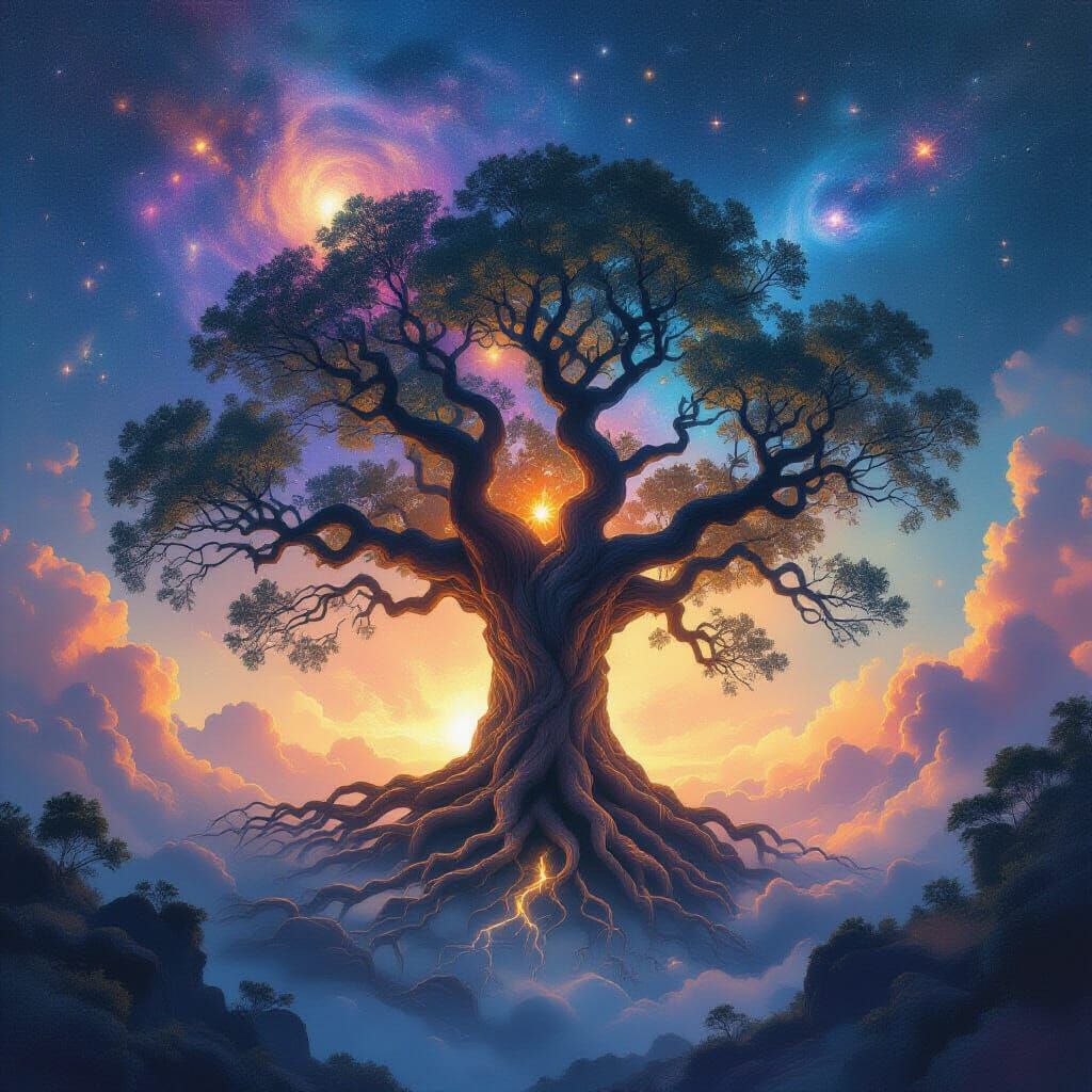 Ancient Cosmic Tree Amidst Swirling Nebula and Alien Stars