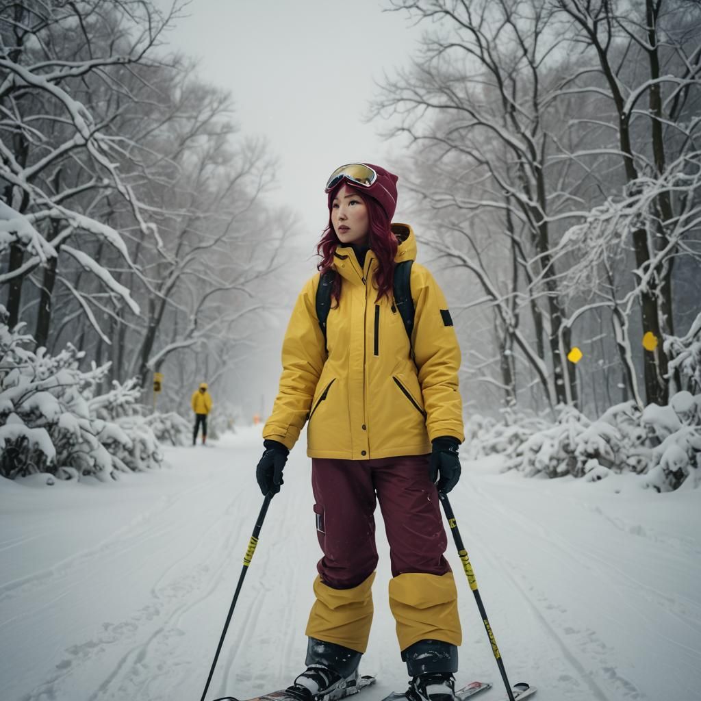 Asian Woman in Blizzard, Cinematic Film Still