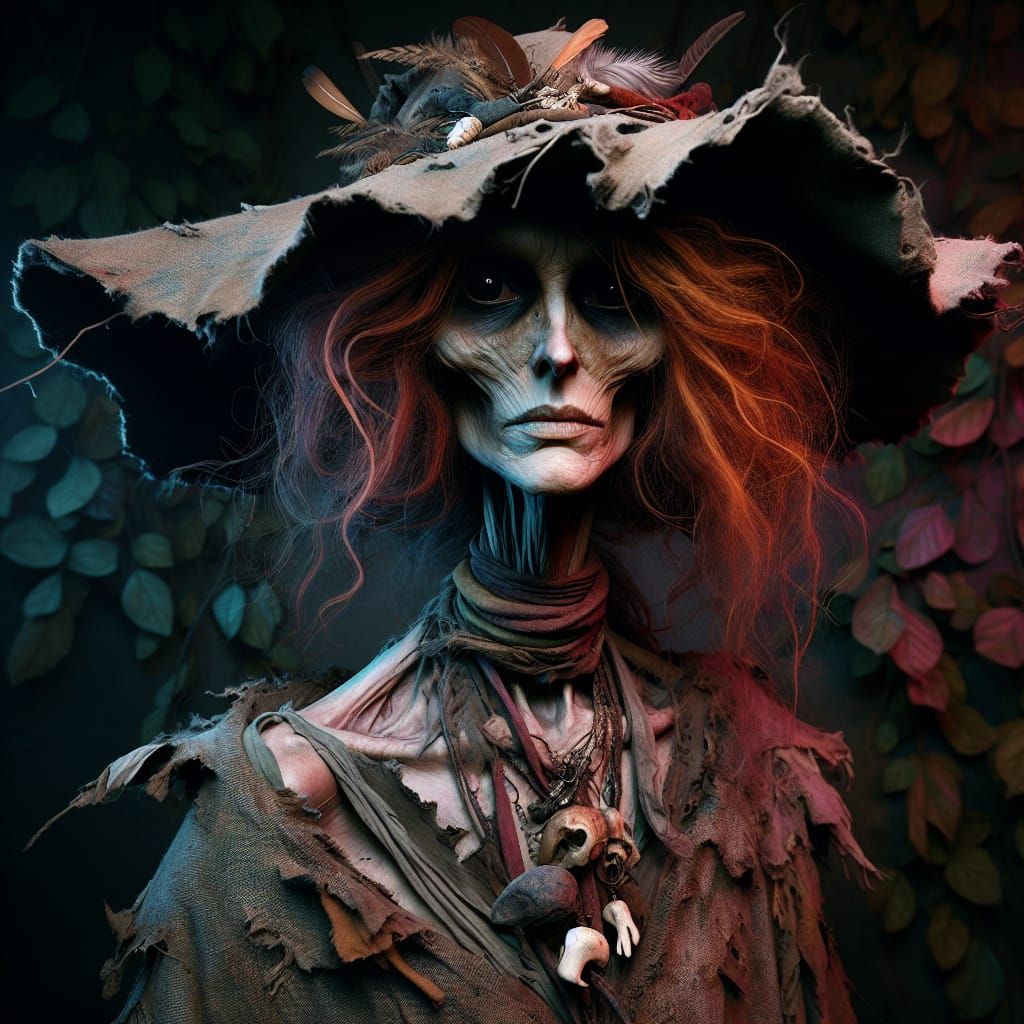 Hyperrealistic Witch Portrait in Dark Forest