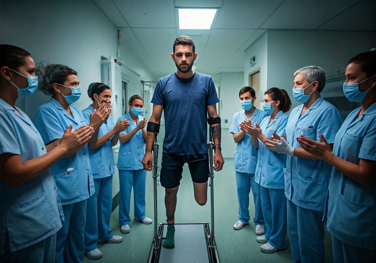 Man Learning to Walk Again in Wet Watercolor Style