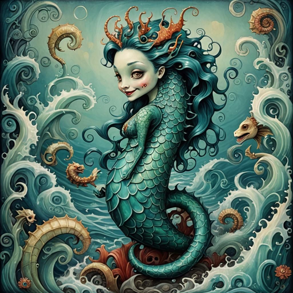 Gothic Seahorse Mermaid in Aquablue Chalk Sea