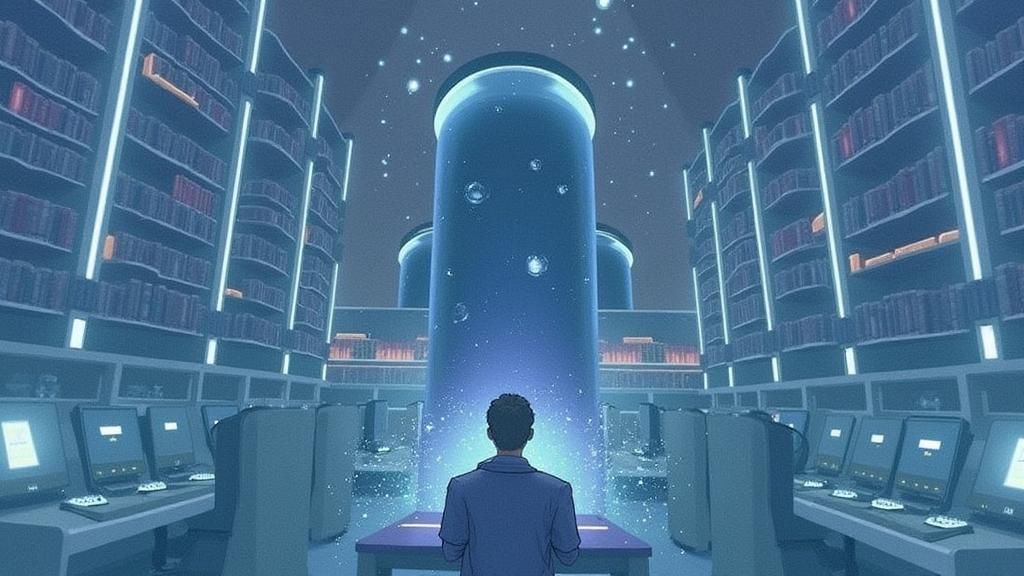 Futuristic Student in Computer Room, Fantasy Concept Art