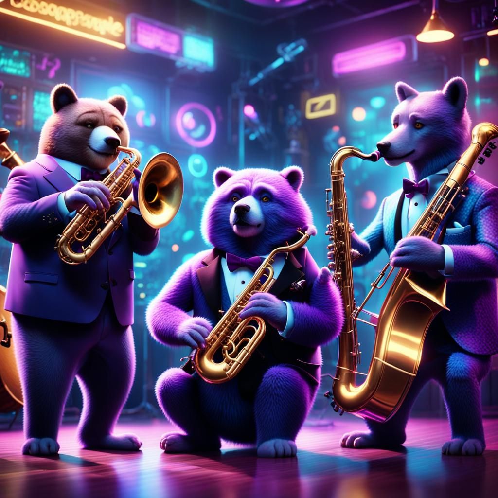 A group of  animals playing saxophone, trumpet and  double b...