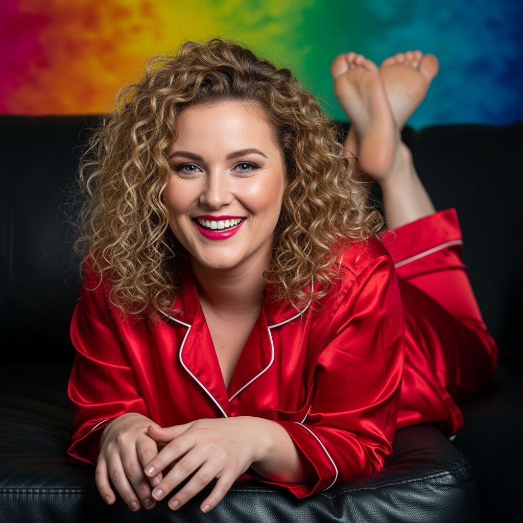 Woman in Red Silk Pajamas on Leather Sofa