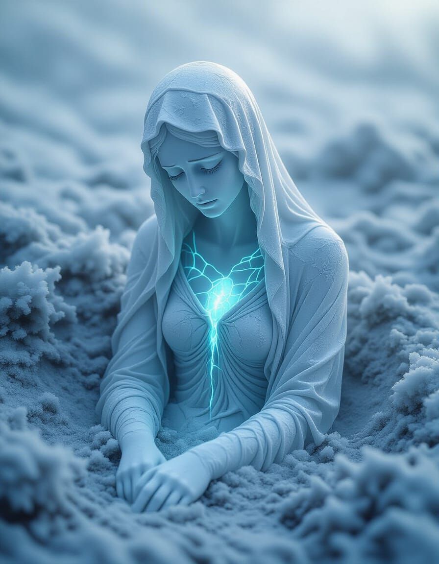 Sorrowful Ice Statue in Frozen Earth, Glowing Blue Cracks