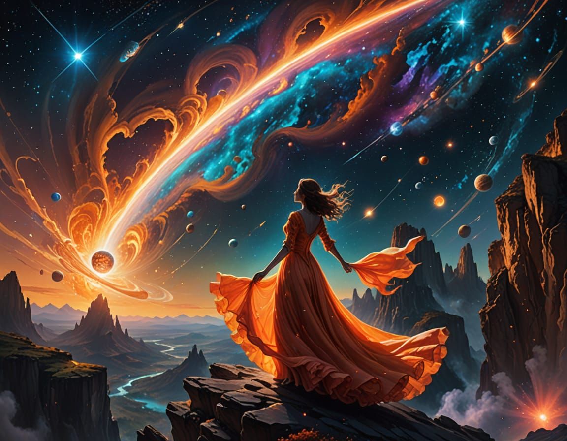 Cosmic Fantasy Woman on Cliff Under Starry Sky