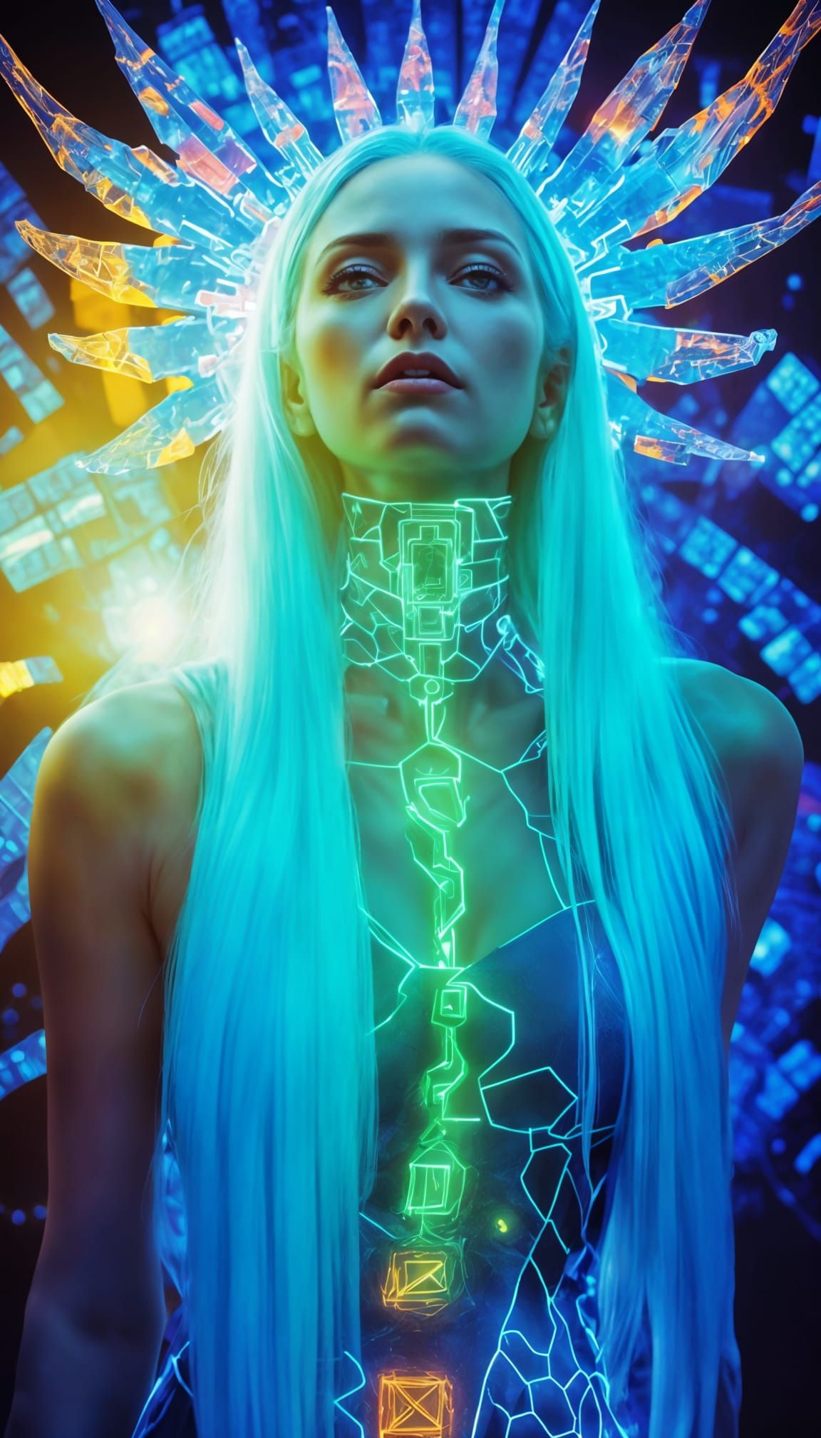 Hyperrealistic Digital Goddess in Electric Blue Fractal Hair