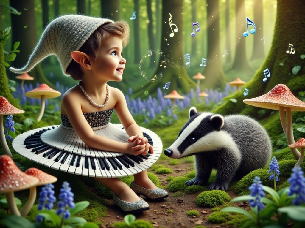 Elf Child Embraces a Majestic Badger in Enchanted Woodland