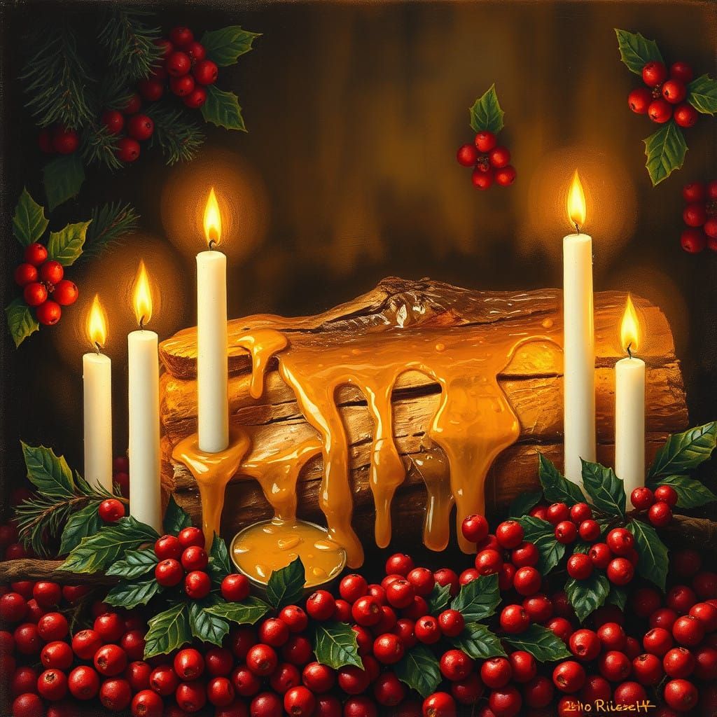 Warm Encaustic Wax Christmas Yule Log with Golden Glowing Ca...