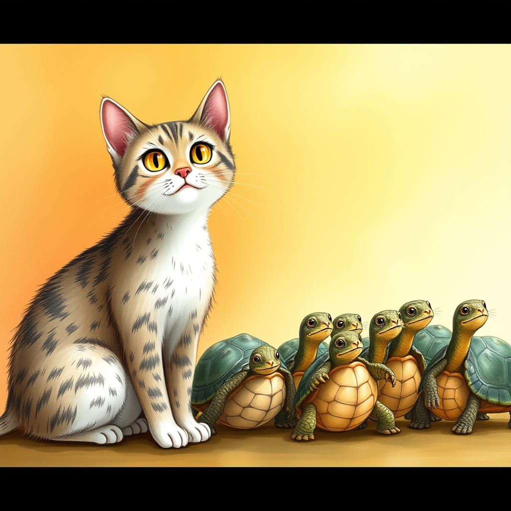 Whimsical Cat and Turtles Illustration
