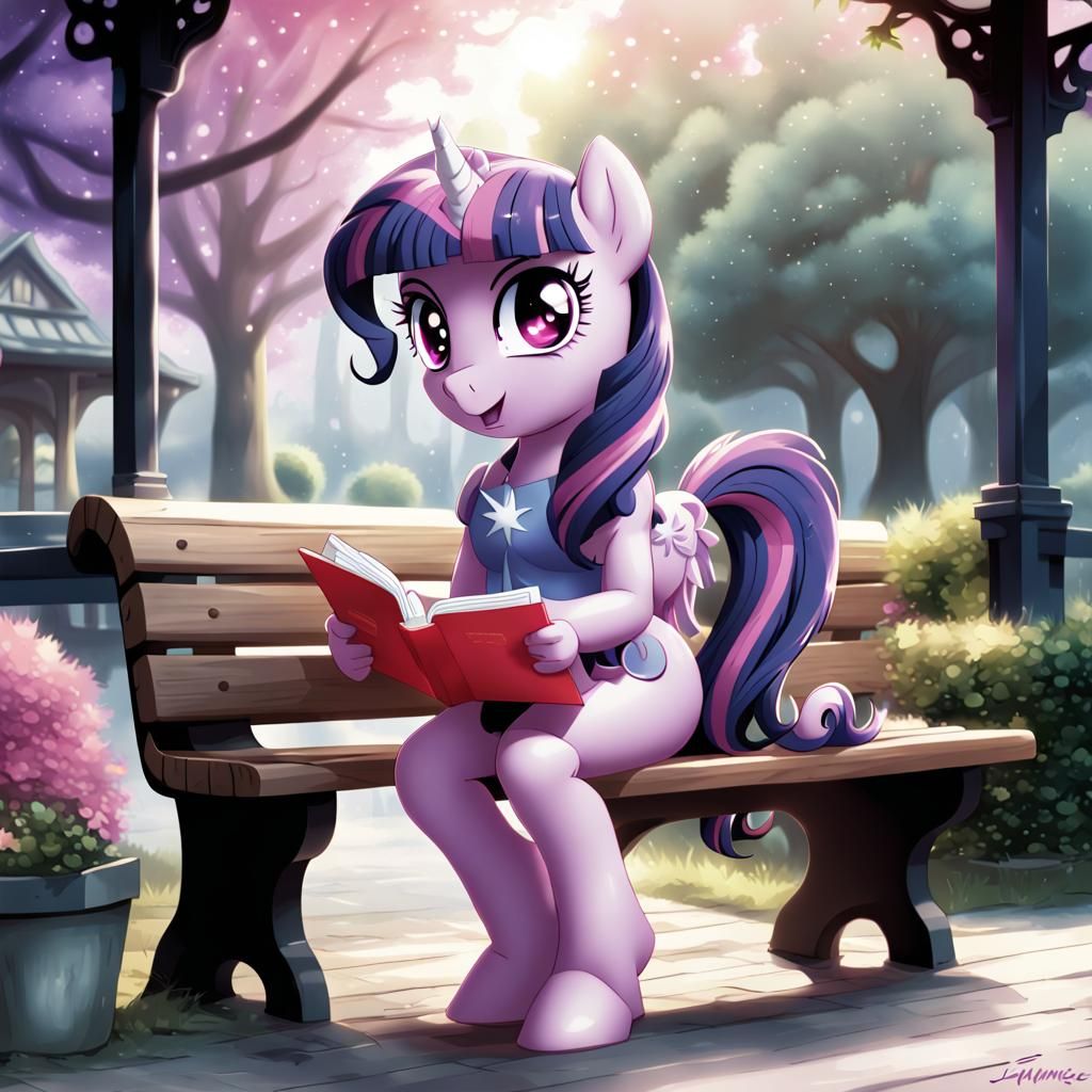 Twilight Sparkle Reading on a Bench, Anime Style