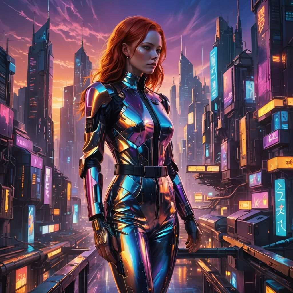 Redhead in Cyberpunk Cityscape with Neon Lights