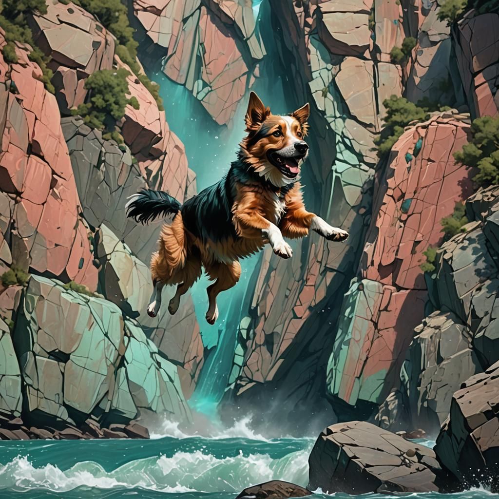 Dog's Surreal Cliff Jump in Hyperrealistic Style