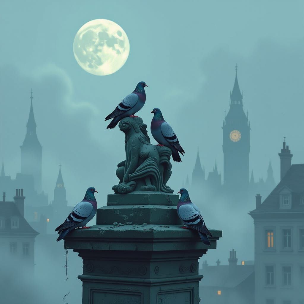 Pigeons on Statue in Misty Moonlit Cityscape