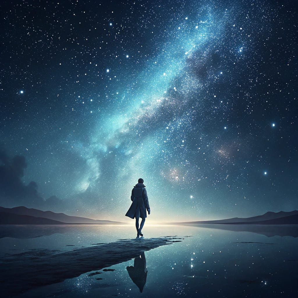 Man Floats in Starry Night Sky: Watercolor Style