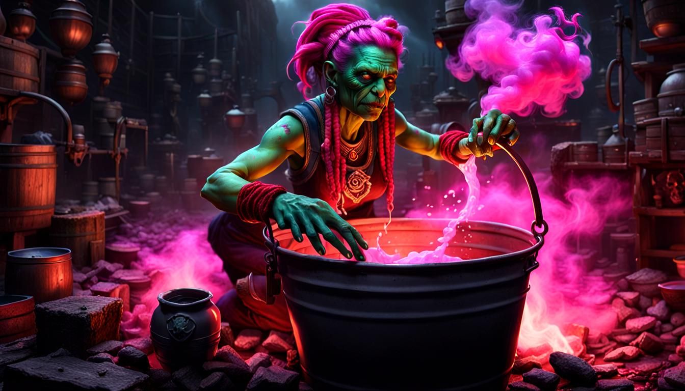 Orc Gypsy Brews Love Potion: Dark Fantasy Art