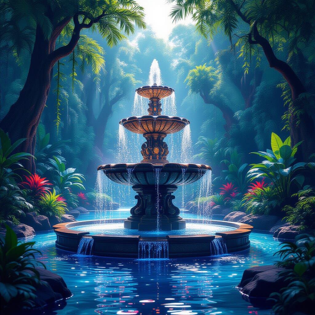 Liquid Light Fountain in Synthwave Forest