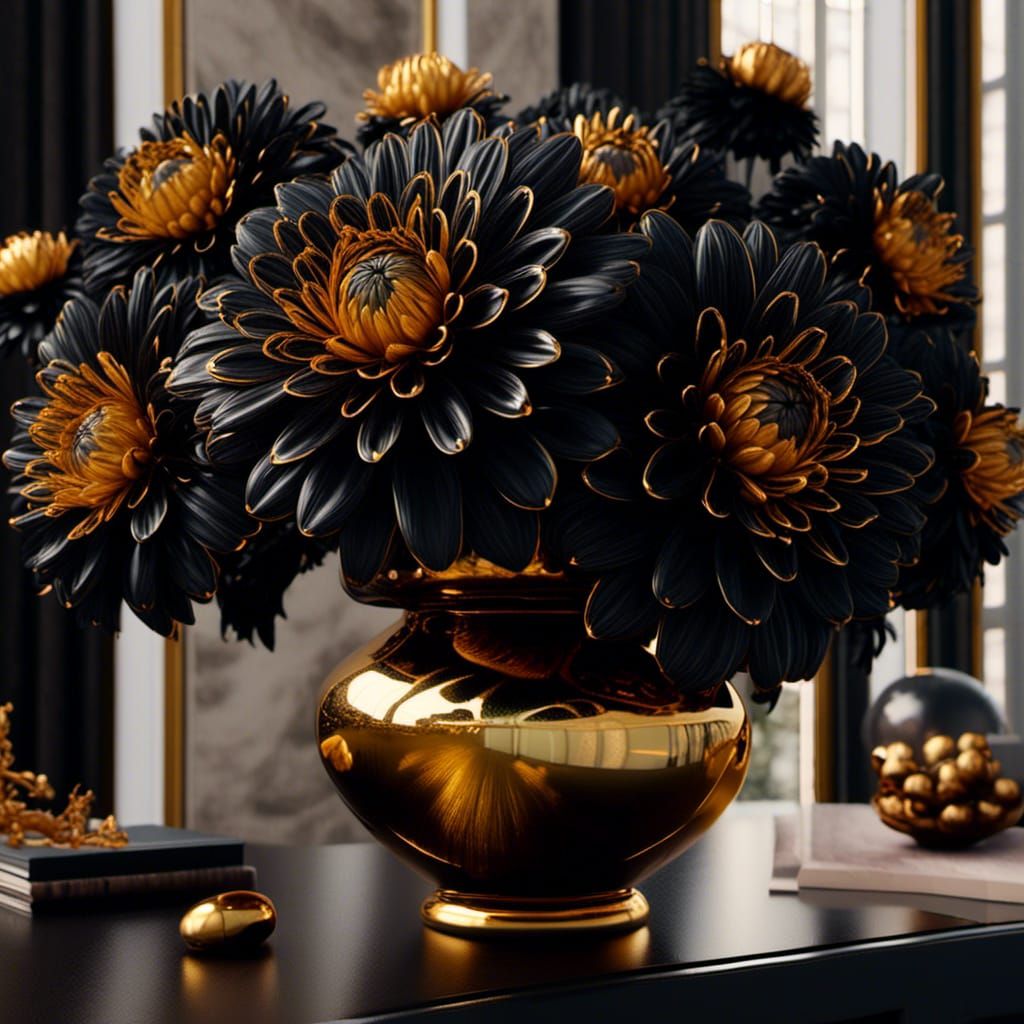 A minimalistic image of a bouquet of pure black dahlia flowe...