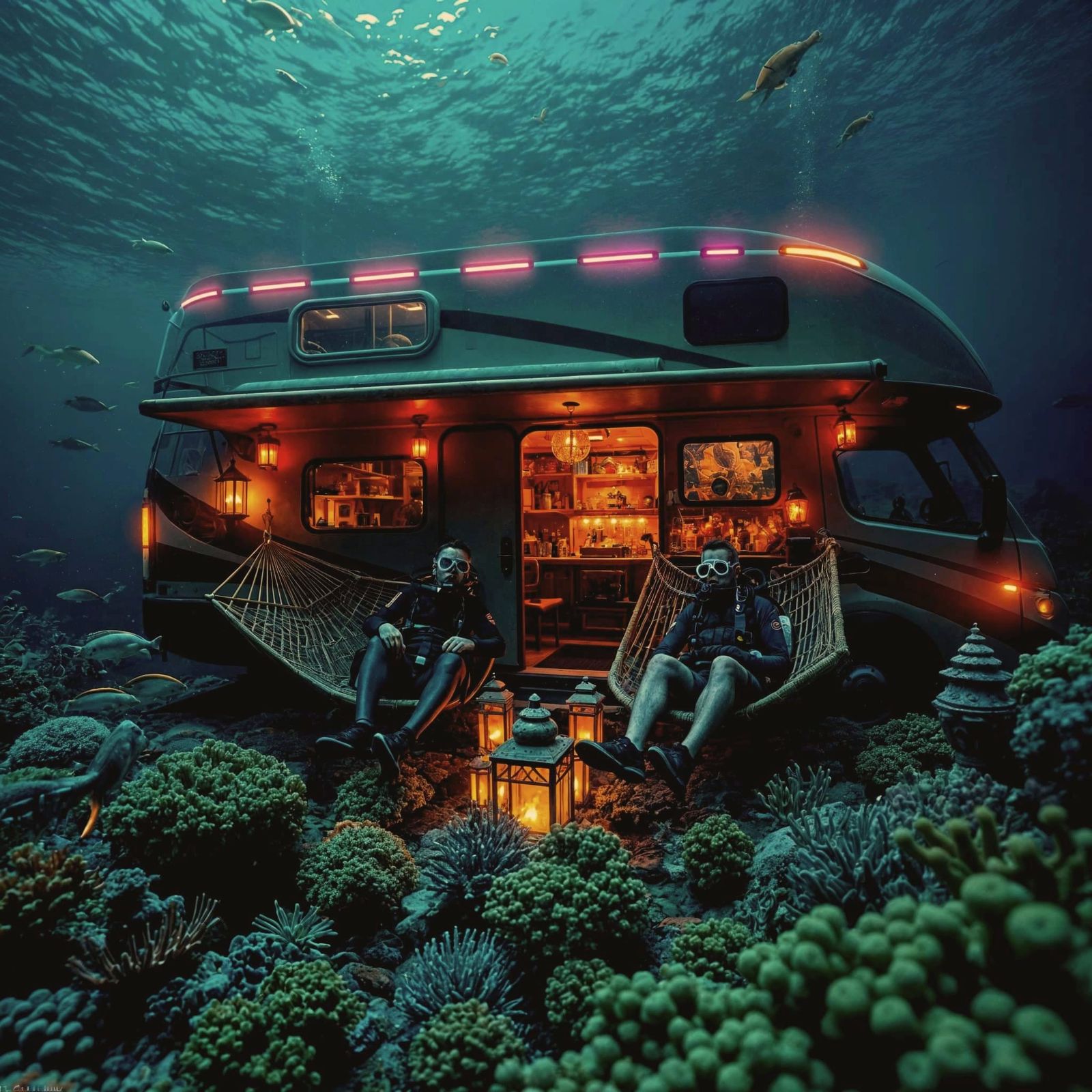 Underwater Motorhome with Scuba Divers at Night