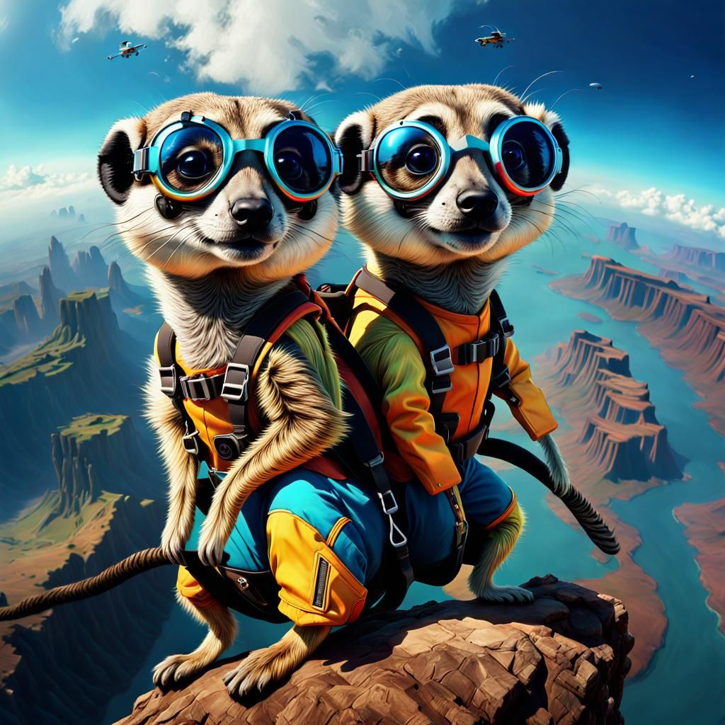 A cute pair of meerkats with goggles skydiving