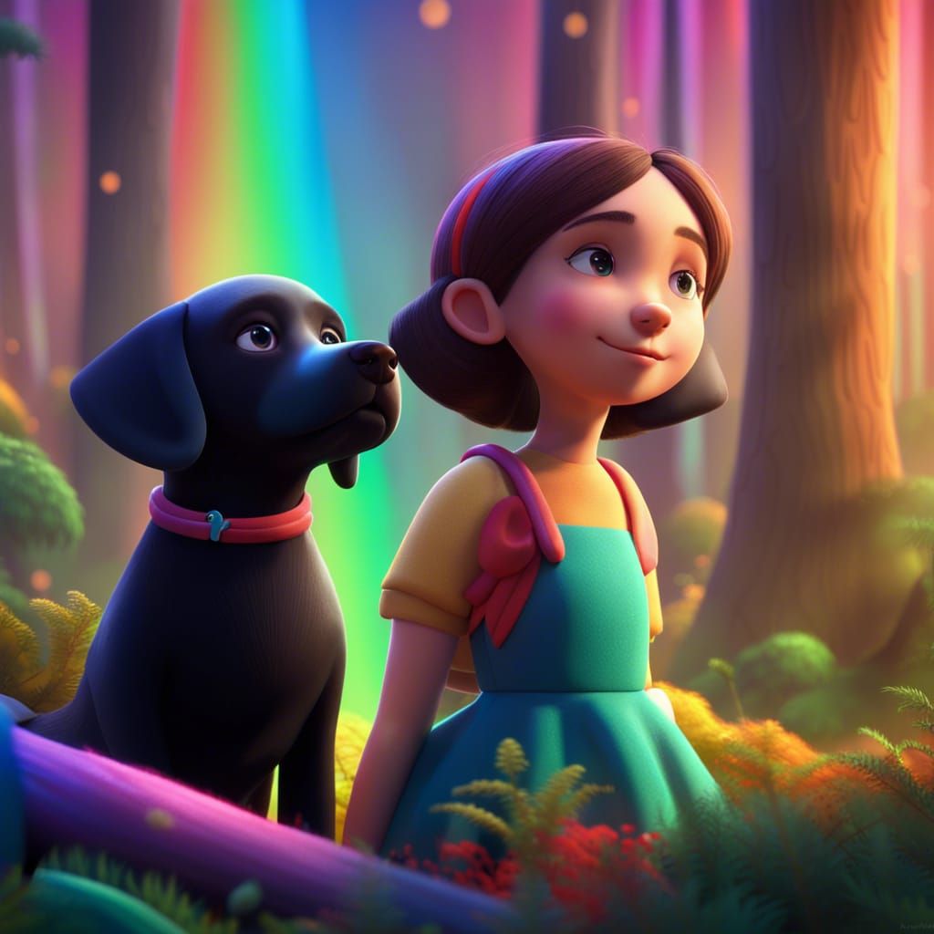 Girl with Labrador in Fantasy Forest, 3D Digital Art