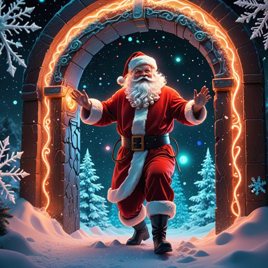 Santa Claus Stepping Through a Neon Portal