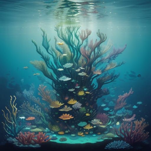 Surreal Underwater Scene in Cyberpunk Aesthetic