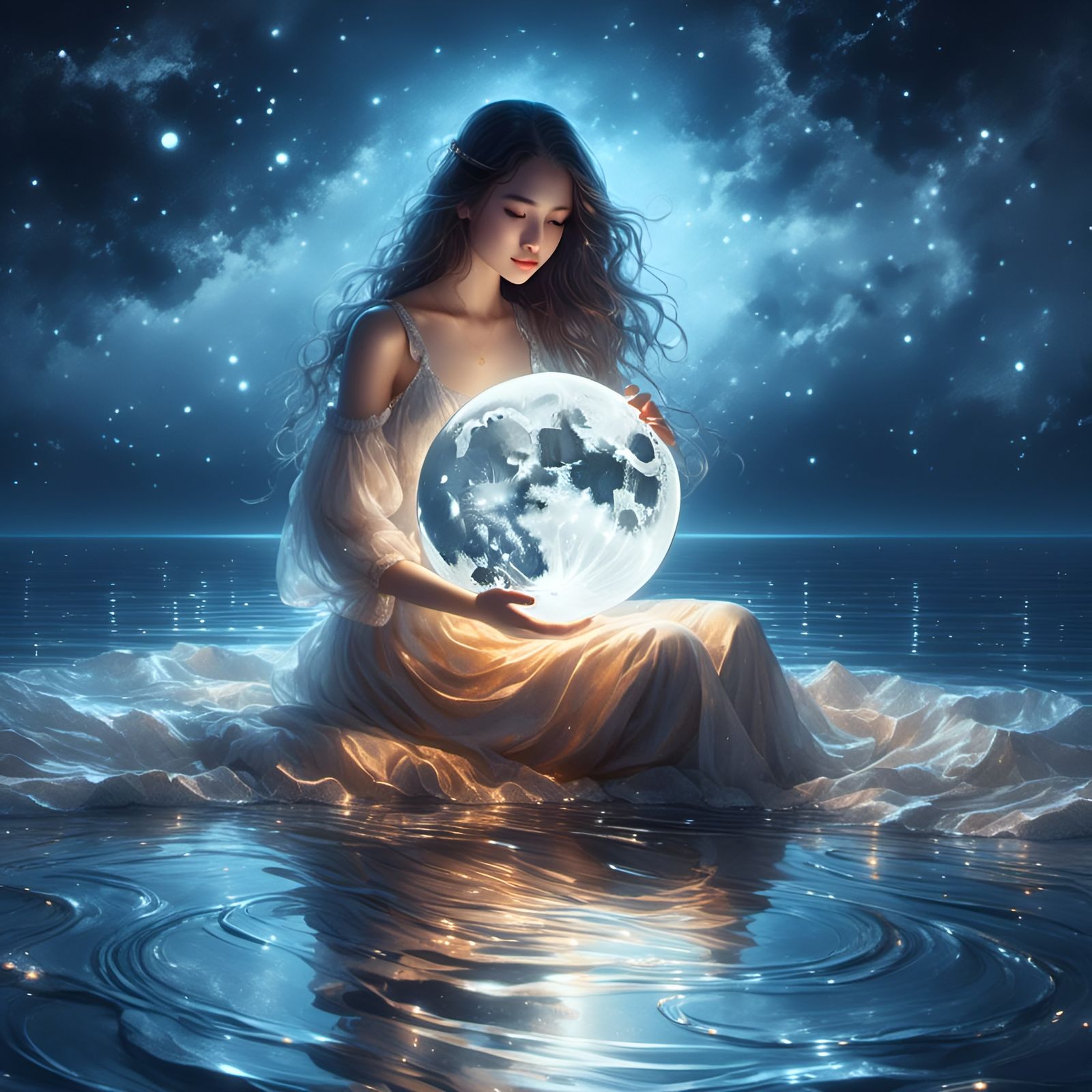 Luminescent Woman with Moon on Ocean