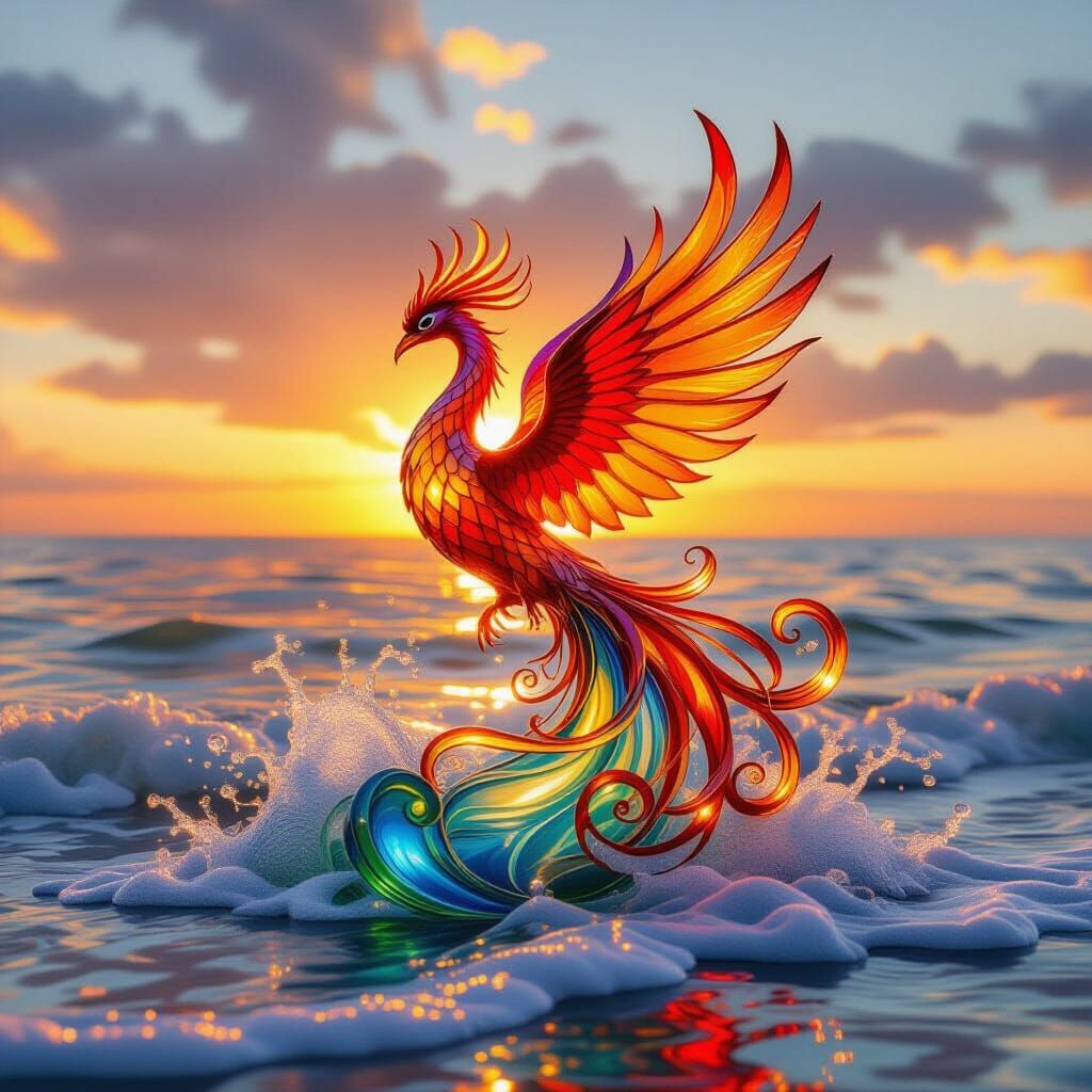 Sea Glass Phoenix Rises From Ocean Sunset
