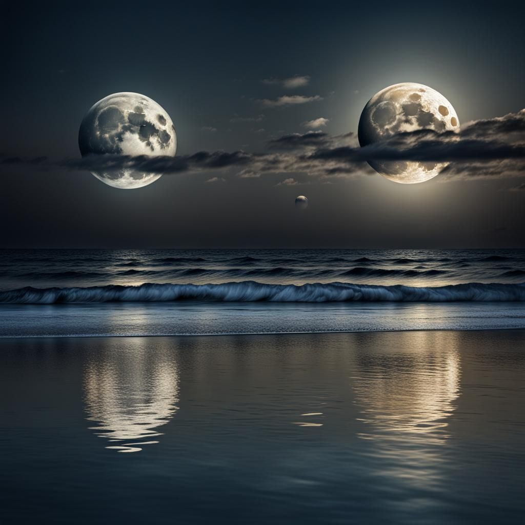 Three Moons Rising Over Ocean, Hyperrealistic
