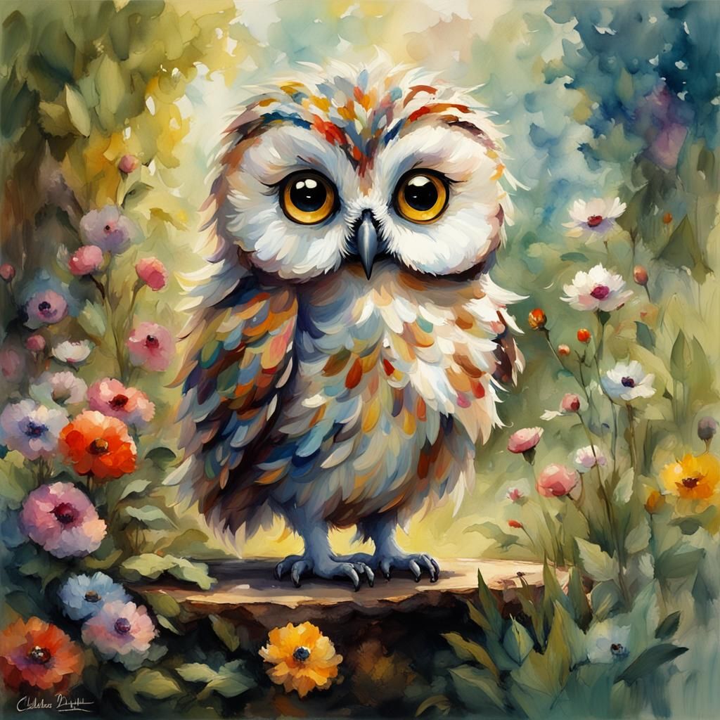 Chibi Owl in Garden, Impressionistic Watercolor