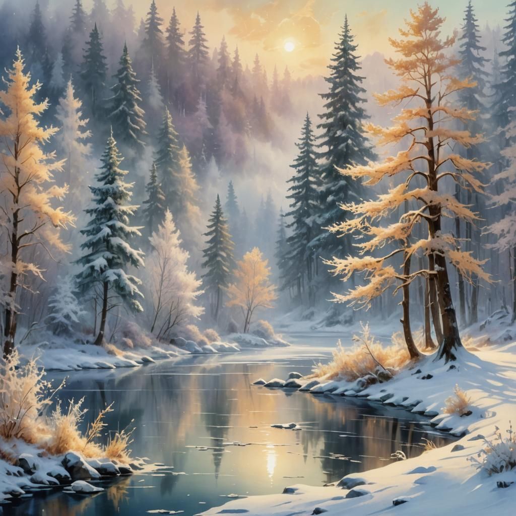 Enchanting Winter Forest Landscape in Watercolor Style