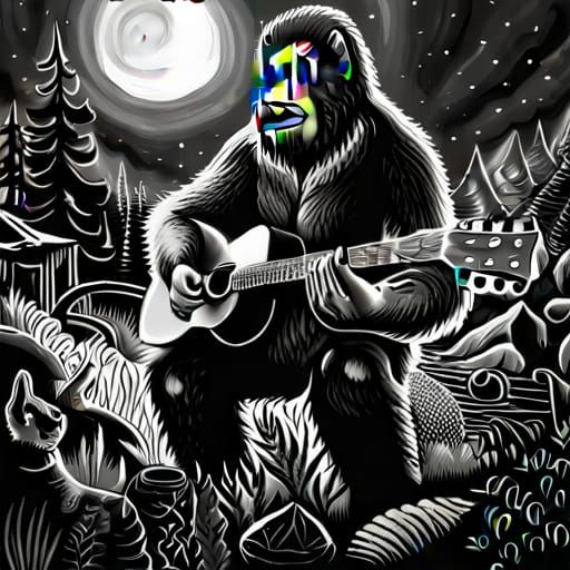 epic bigfoot playing guitar at the campfire with other animals sitting around maximalist digital hyperdetailed charcoal ...